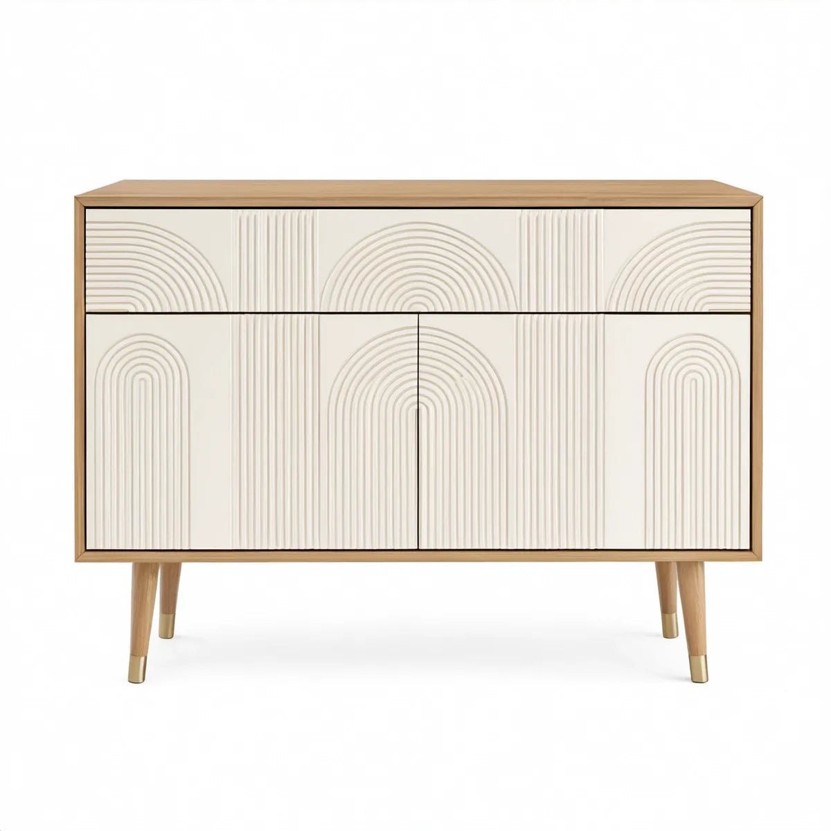Příborník se 4 dvířky z MDF v dekoru přírodního dubu, bílá a zlatá, 160 × 40 × 85 cm