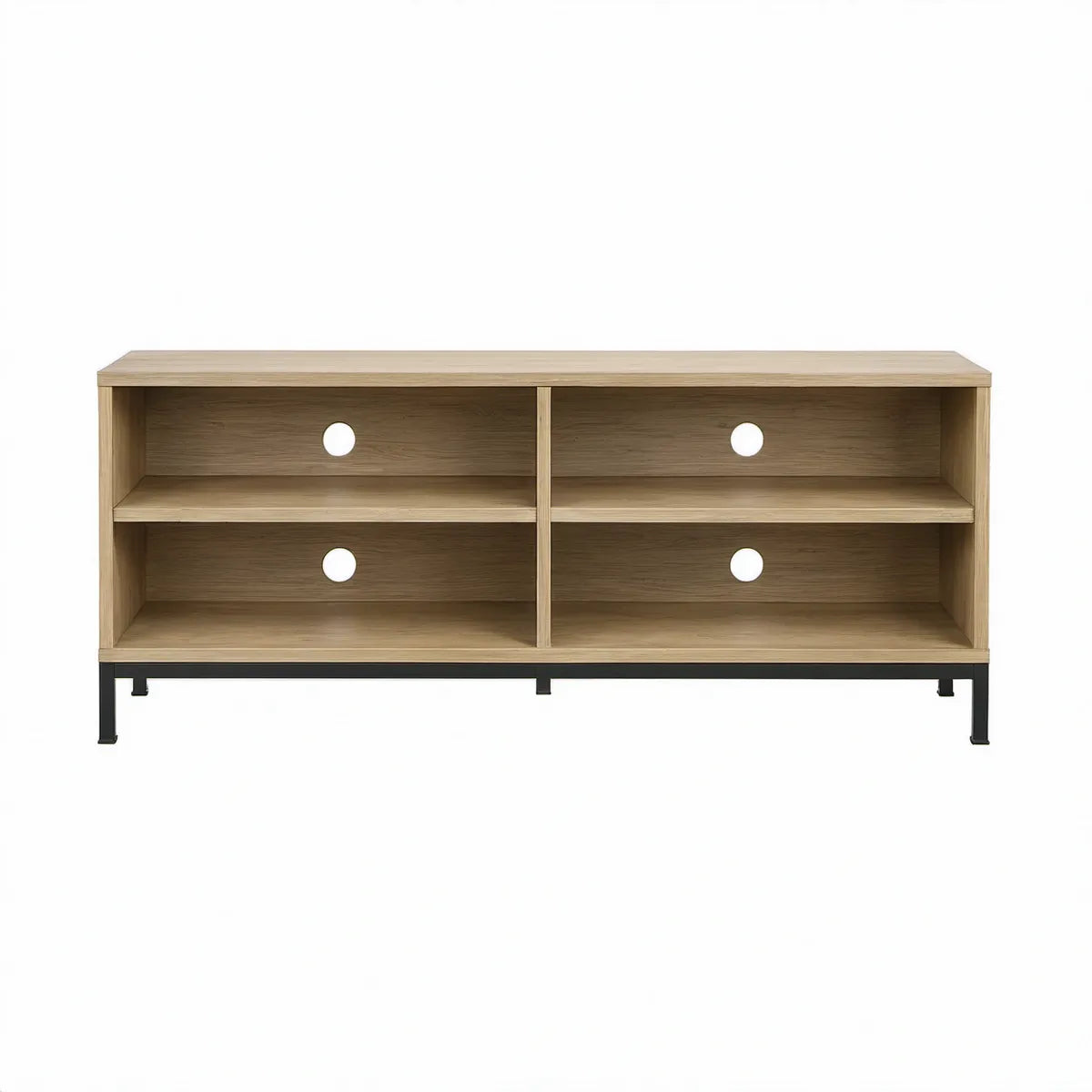 TV stolek se 4 otevřenými přihrádkami, dekor přírodní dub a černá, 140 × 40 × 60 cm