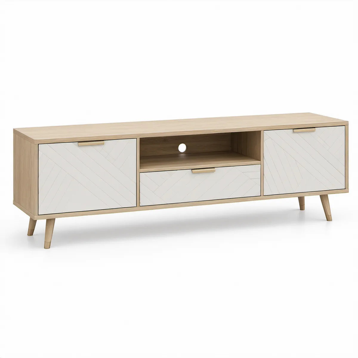 TV stolek ze světlého dubu a bílé MDF se zlatými úchytkami, 140 × 40 × 50 cm
