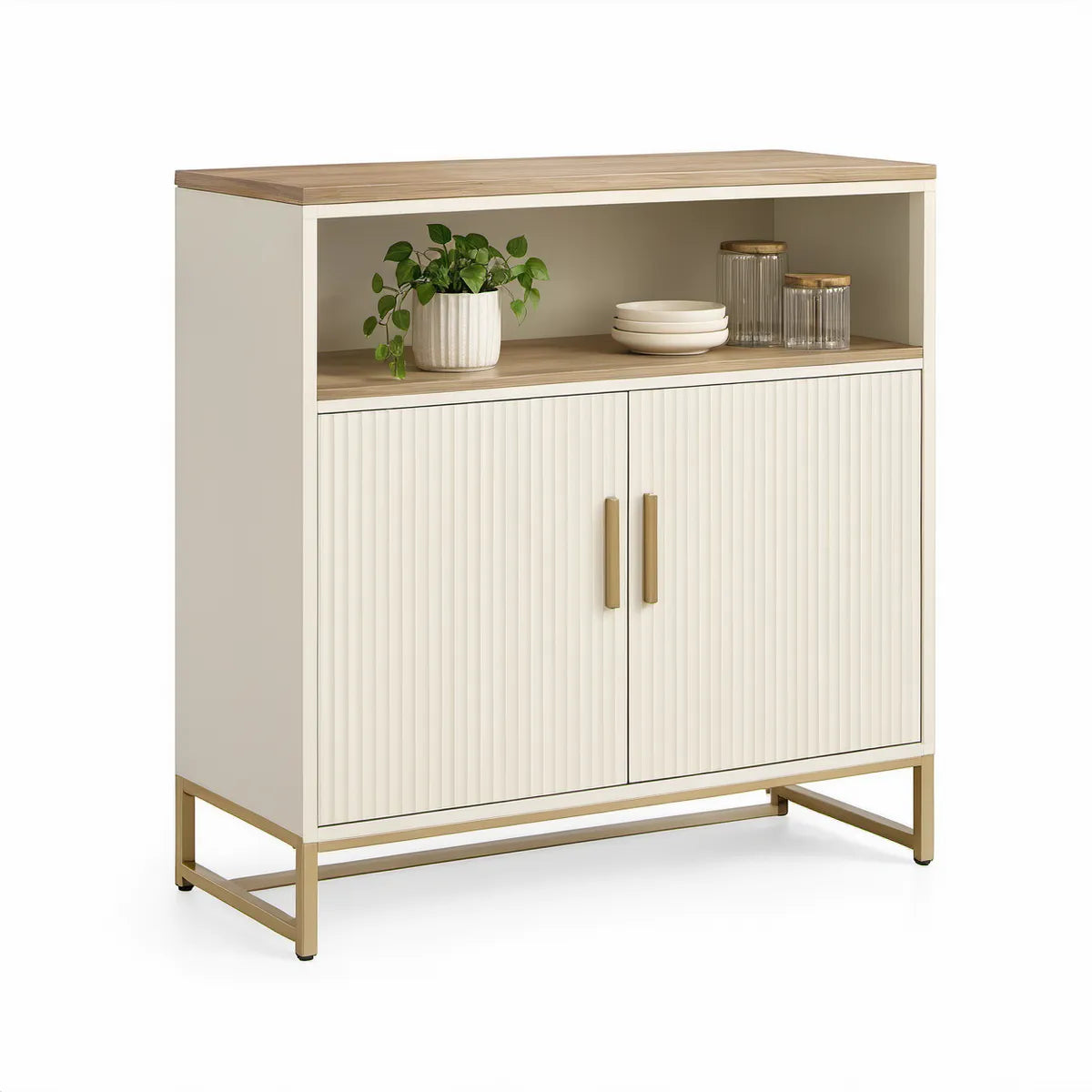 Příborník z MDF v krémové barvě s dekorem přírodního dubu a zlatými detaily, 100 × 40 × 100 cm