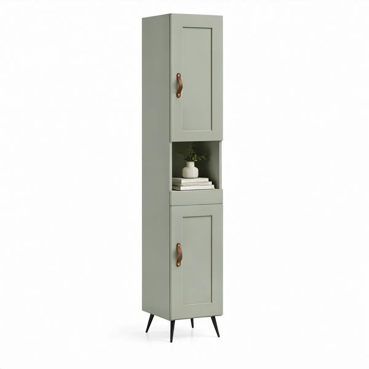 Vysoká úložná skříňka z MDF se 2 dvířky a otevřenou nikou, zelenošedá, 50 × 40 × 180 cm